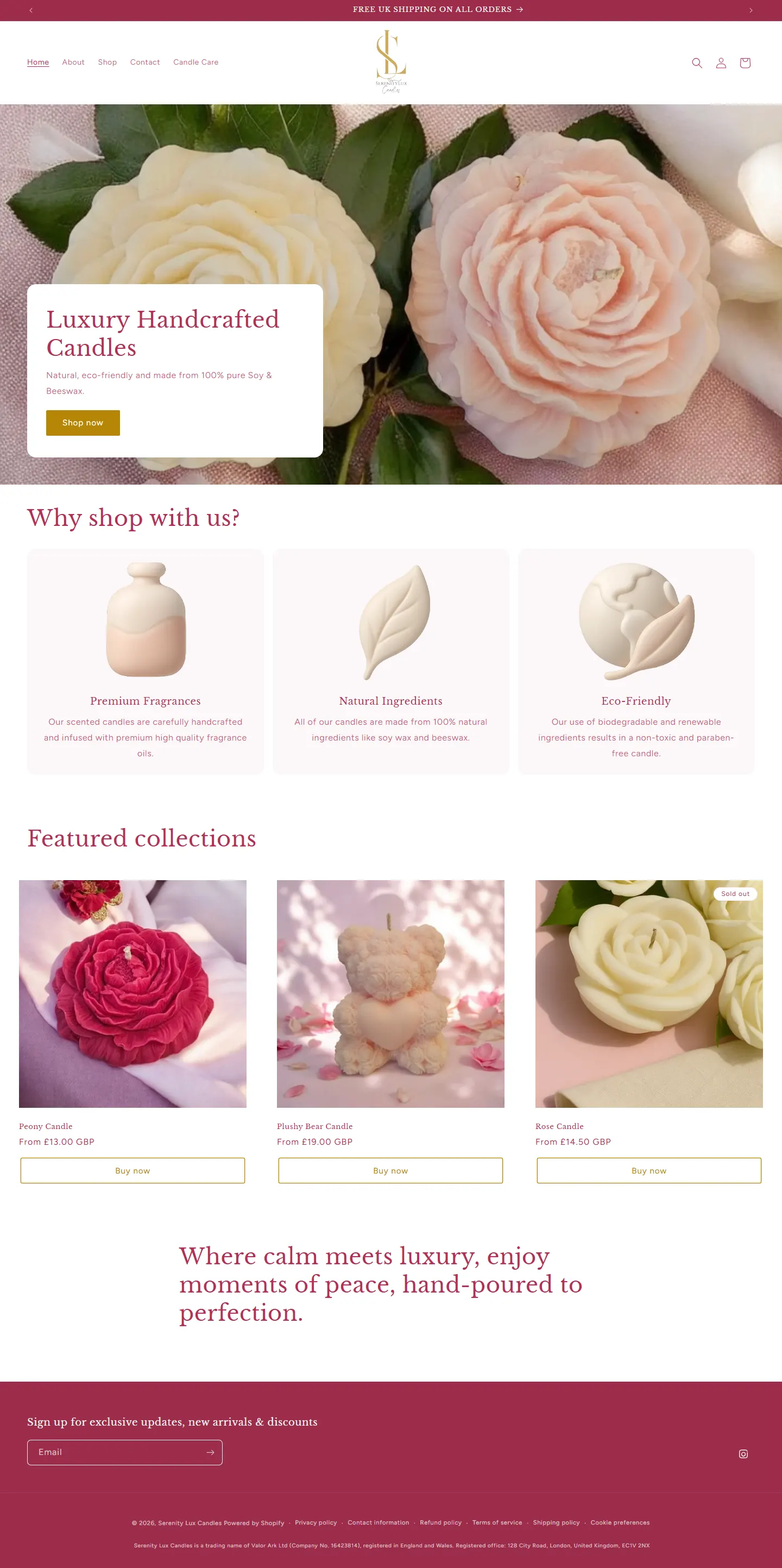 The Serenity Lux Candles website on a desktop monitor