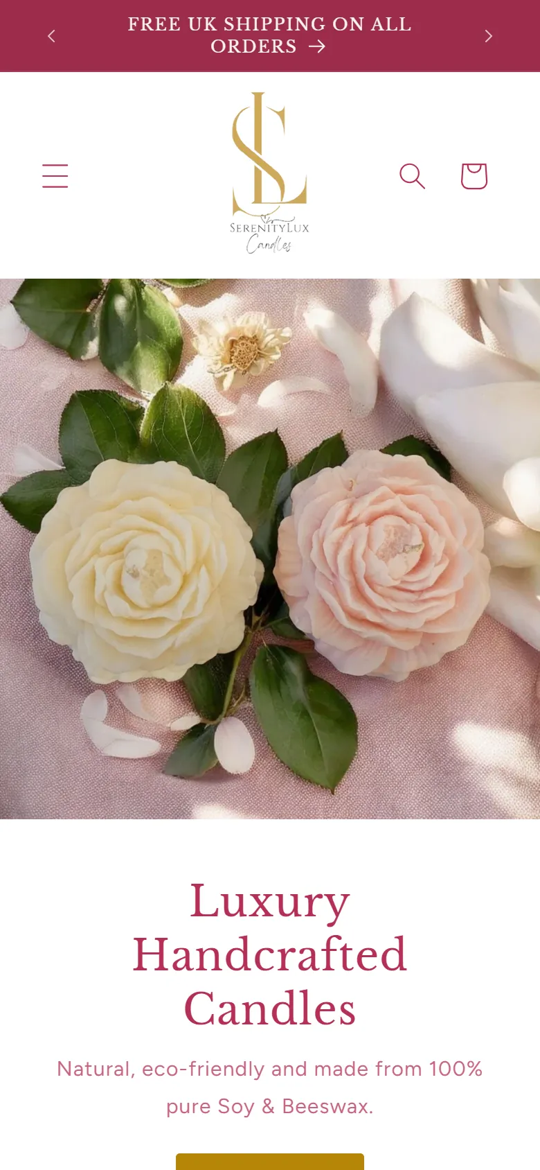 The Serenity Lux Candles website on a mobile phone